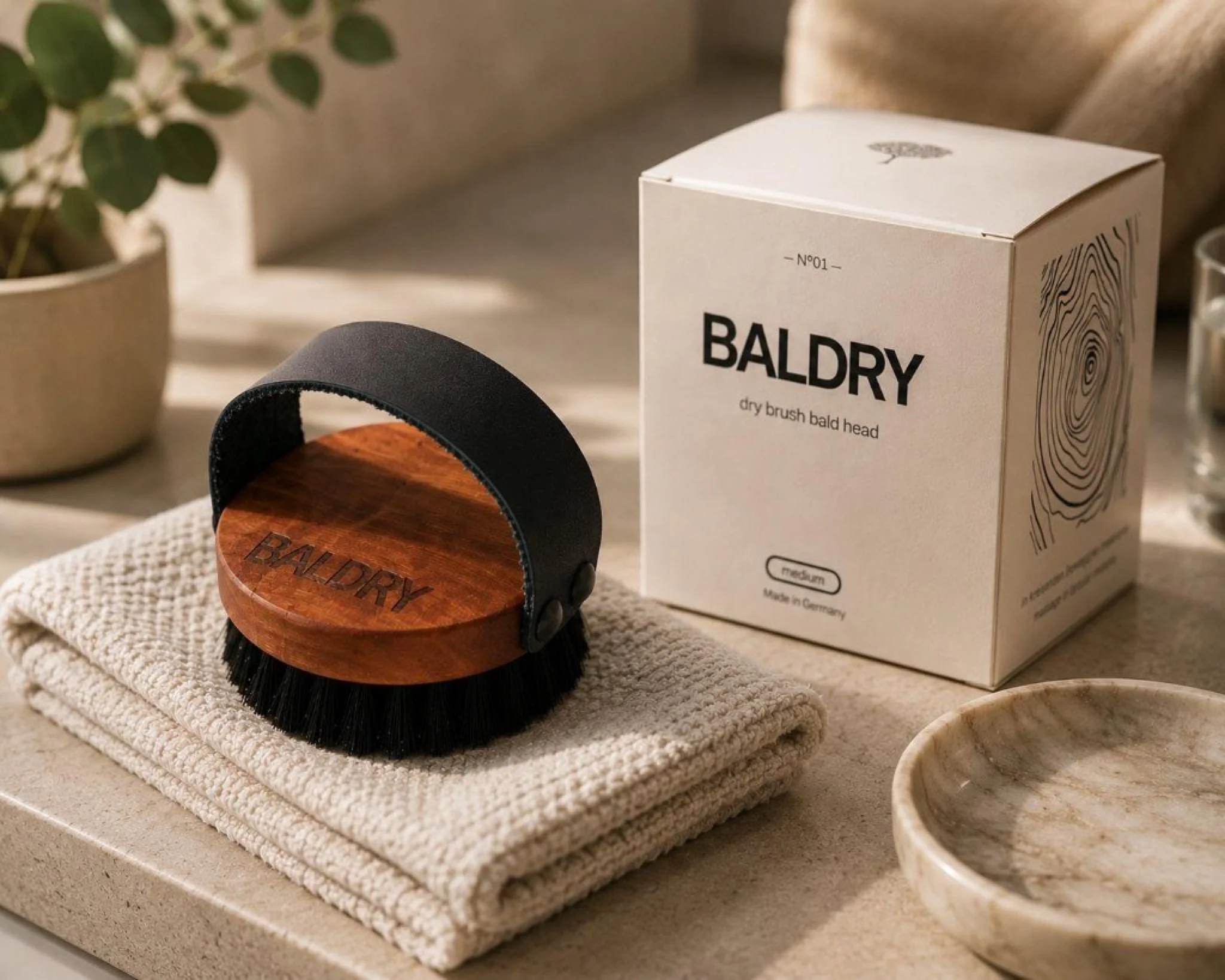 BALDRY Trockenbürste auf Handtuch neben der Verpackungsbox in heller Badezimmer-Atmosphäre